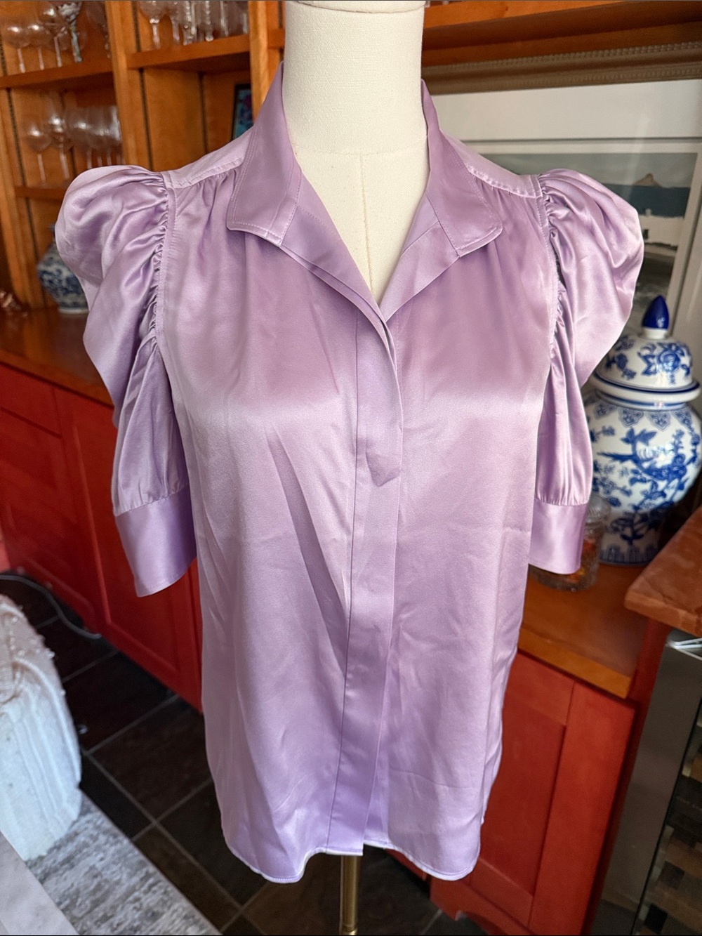 FRAME Lavender Satin Puff-Sleeve Blouse - XS